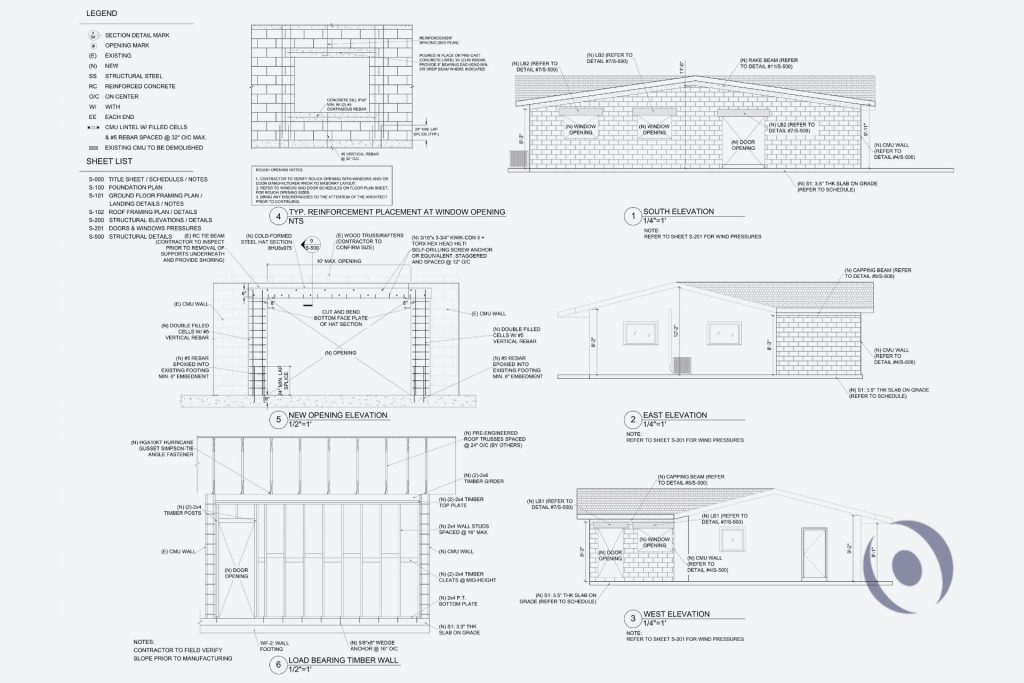 Structural engineering elevations and details for residential home addition in Miami Gardens showing CMU wall reinforcement, load bearing timber wall design, new opening elevation with rebar placement, hurricane anchor fasteners, slab on grade, and lintel beam schedule engineered and sealed by NOHMIS South Florida