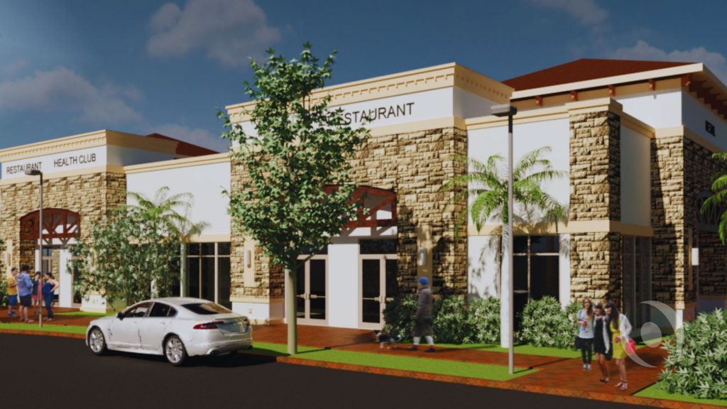 A 3D digital architectural rendering of a modern one-story commercial plaza featuring a stone facade and storefronts labeled for a restaurant, health club, and retail spaces.