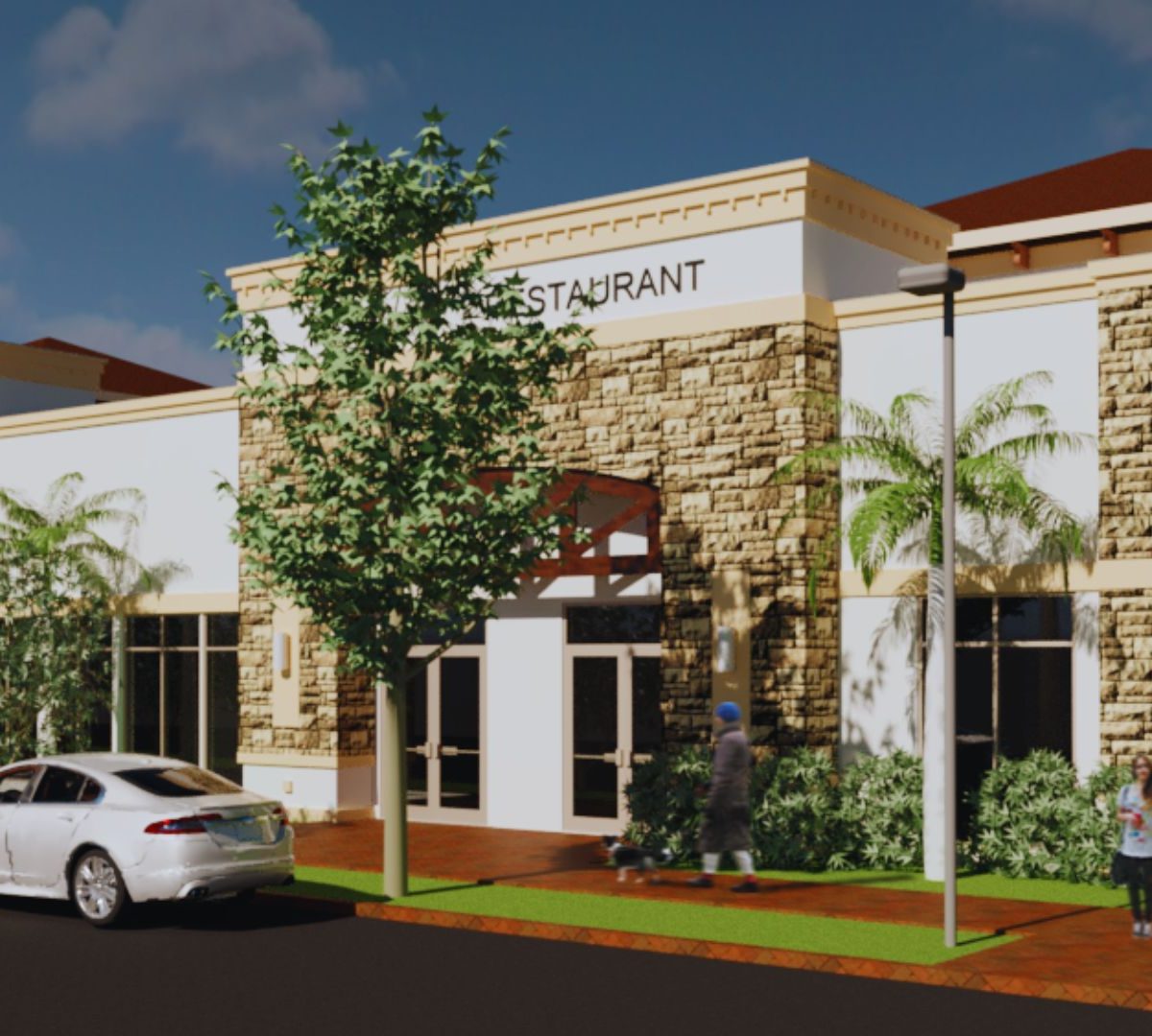 A 3D digital architectural rendering of a modern one-story commercial plaza featuring a stone facade and storefronts labeled for a restaurant, health club, and retail spaces.