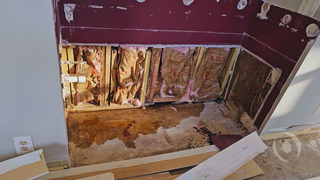 Interior water intrusion damage caused by hydrostatic pressure beneath a concrete slab foundation in South Florida.