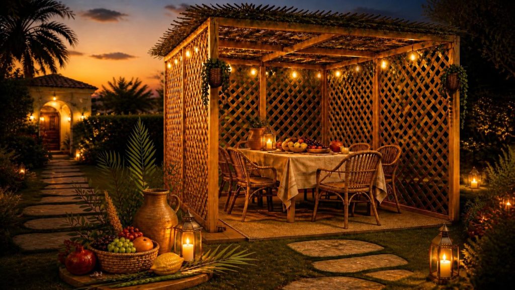 Traditional wooden sukkah with lattice walls, a natural branch roof, warm lights, and a festive family table at sunset.