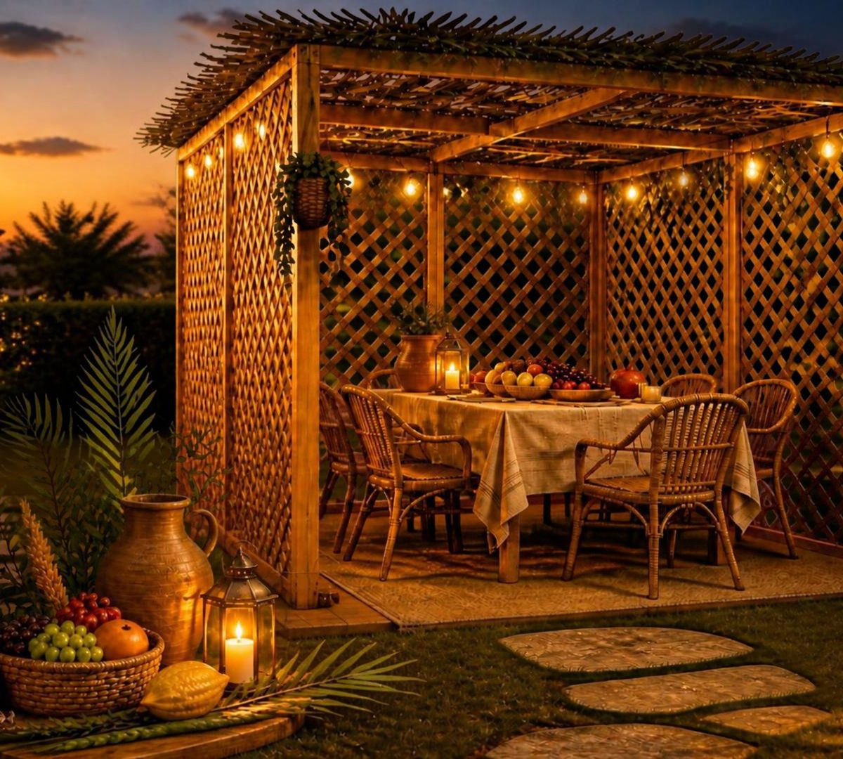 Traditional wooden sukkah with lattice walls, a natural branch roof, warm lights, and a festive family table at sunset.
